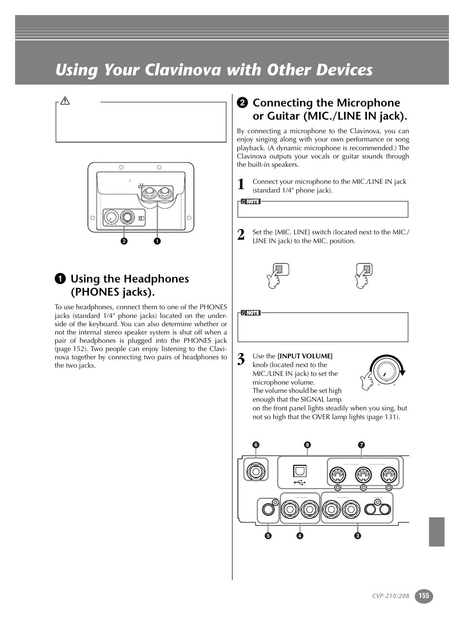 Using your clavinova with other devices, 1 using the headphones (phones jacks), Using the headphones (phones jacks) | Connecting the microphone or guitar, P. 155 | Yamaha CVP-208  EN User Manual | Page 155 / 180