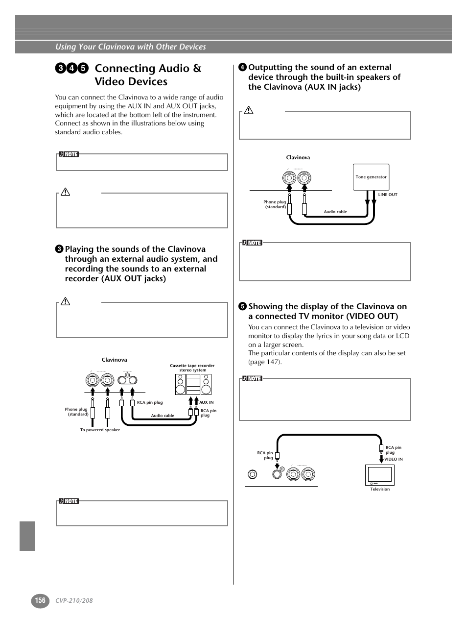 345 connecting audio & video devices, Connecting audio & video devices, P. 156 | P.156, Using your clavinova with other devices | Yamaha CVP-208  EN User Manual | Page 156 / 180