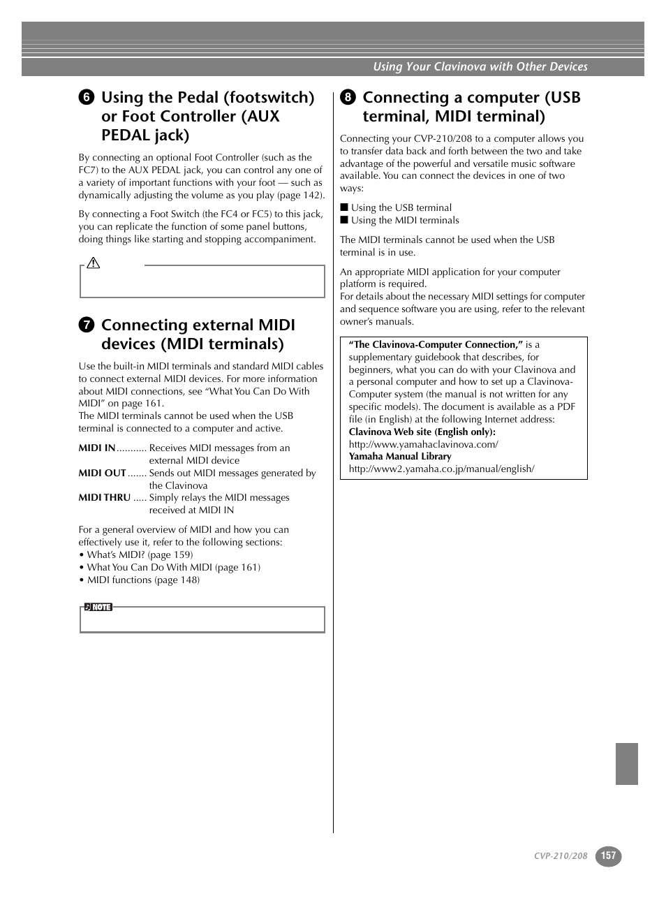 Using the pedal (footswitch) or foot controller, Connecting external midi devices, Connecting a computer | P. 157, P.157 | Yamaha CVP-208  EN User Manual | Page 157 / 180