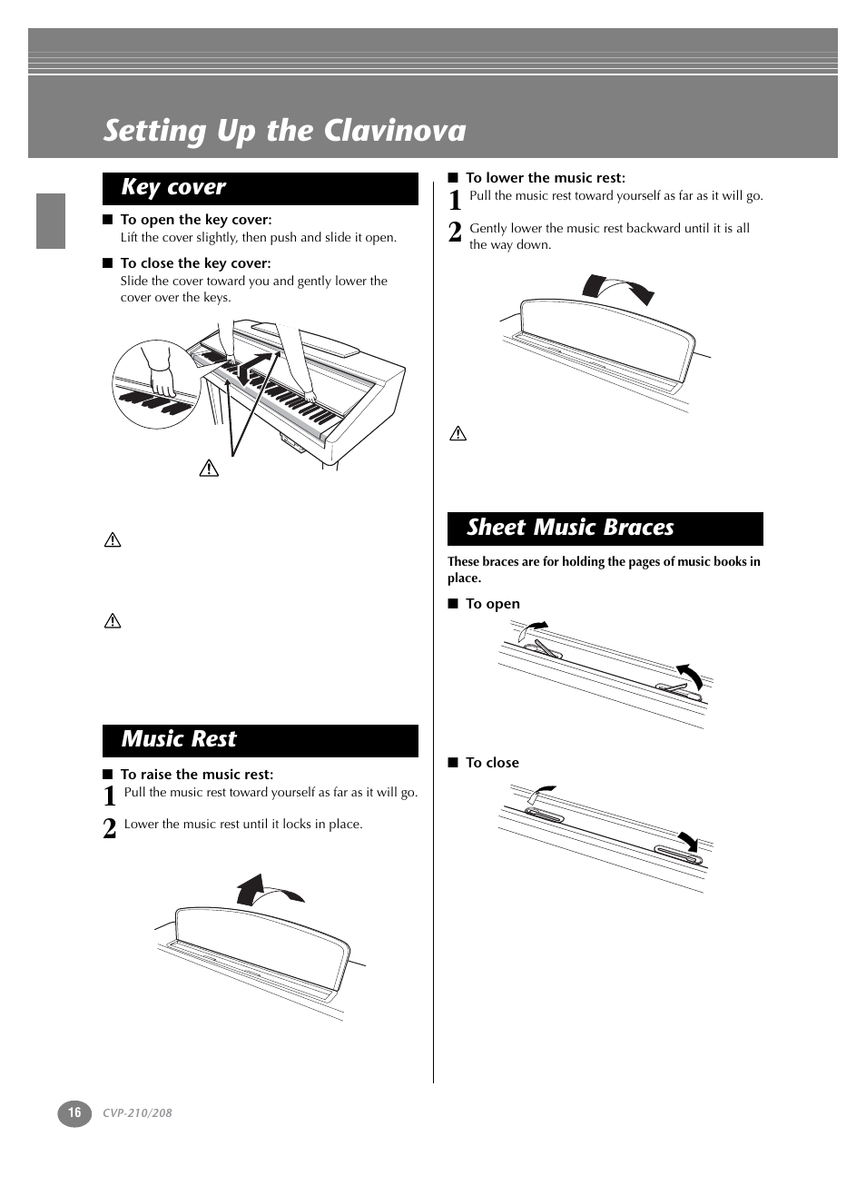 Setting up the clavinova, Key cover, Music rest sheet music braces | Yamaha CVP-208  EN User Manual | Page 16 / 180