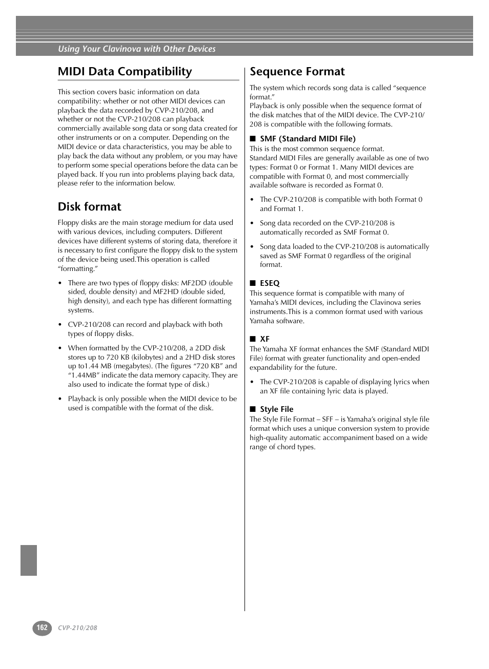 Midi data compatibility, Disk format, Sequence format | Disk format sequence format | Yamaha CVP-208  EN User Manual | Page 162 / 180