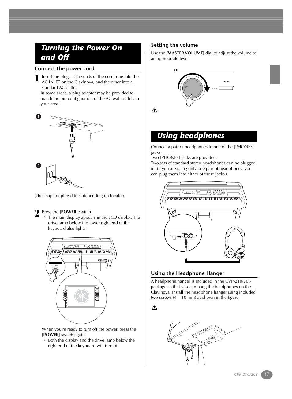 Turning the power on and off, Using headphones, Connect the power cord | Setting the volume, Using the headphone hanger | Yamaha CVP-208  EN User Manual | Page 17 / 180