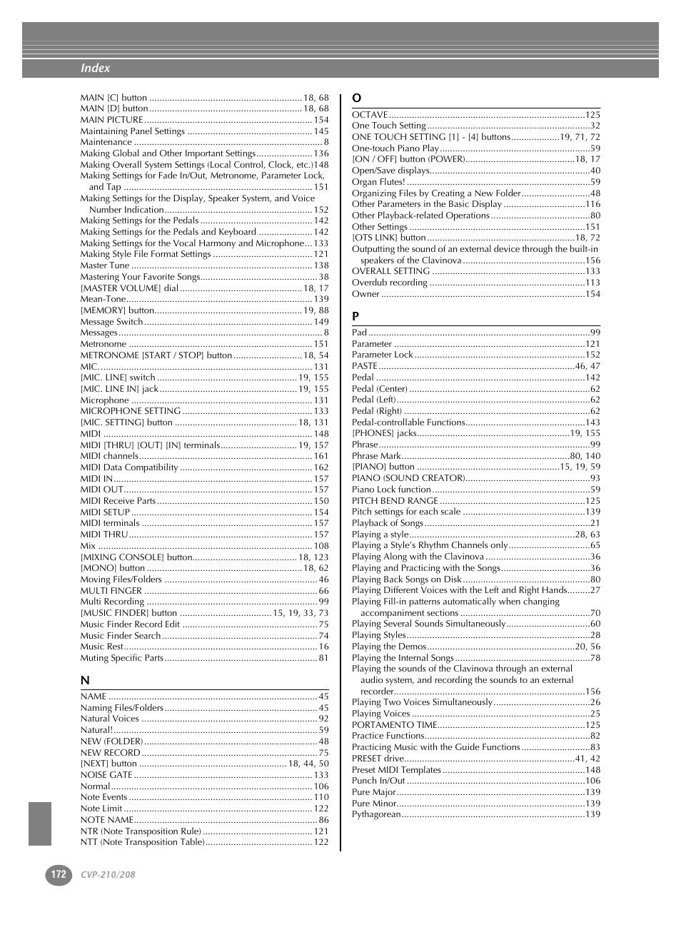 Index | Yamaha CVP-208  EN User Manual | Page 172 / 180