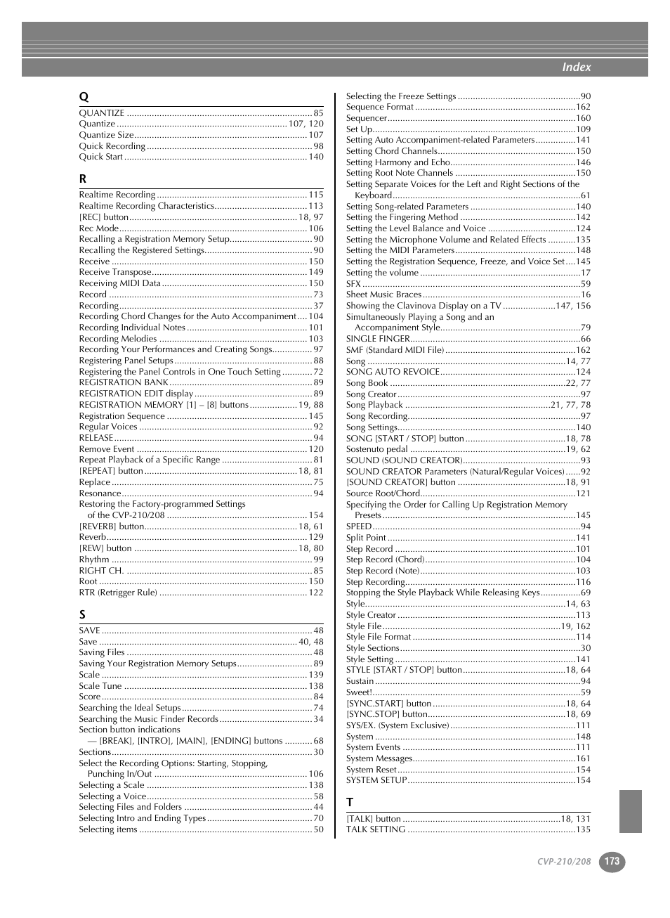 Index | Yamaha CVP-208  EN User Manual | Page 173 / 180
