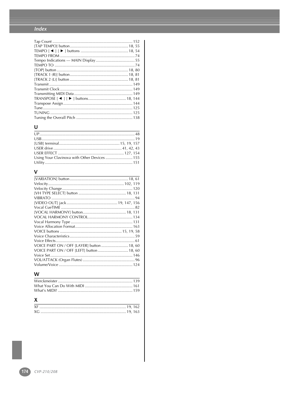 Index | Yamaha CVP-208  EN User Manual | Page 174 / 180