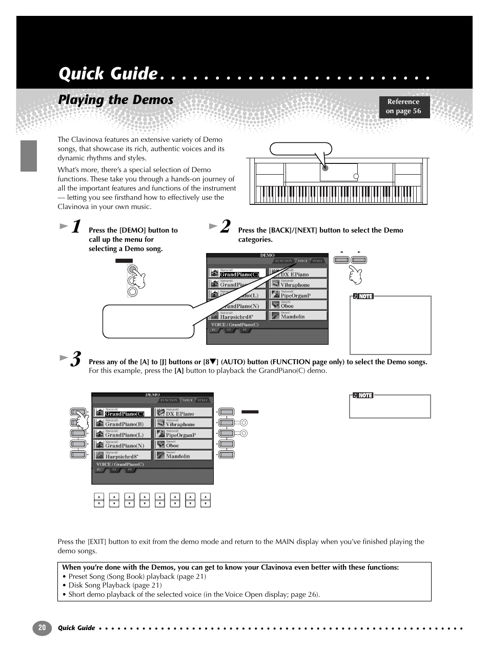 Quick guide, Playing the demos | Yamaha CVP-208  EN User Manual | Page 20 / 180