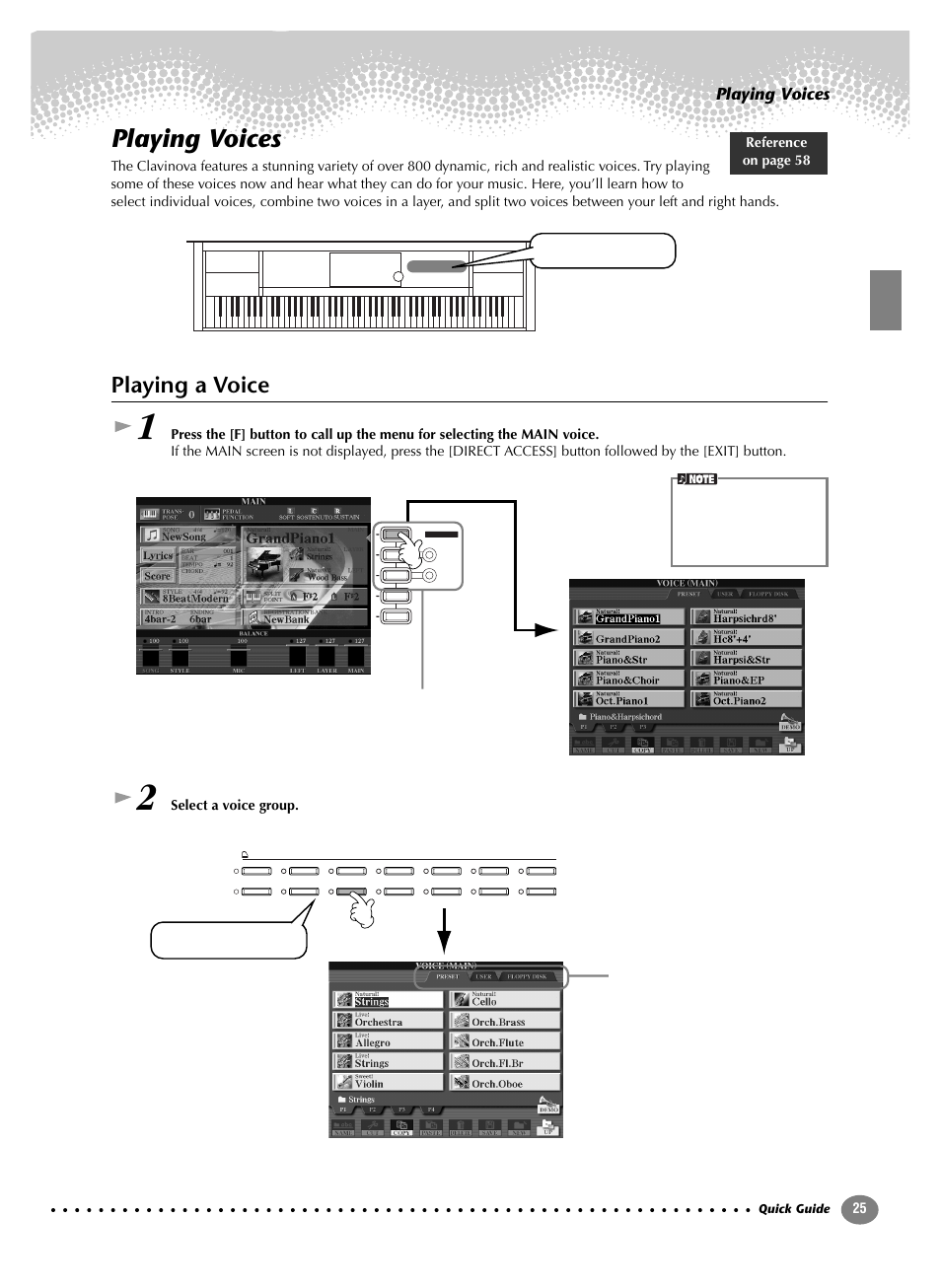 Playing voices, Playing a voice, Select a voice group. reference on page 58 | Yamaha CVP-208  EN User Manual | Page 25 / 180