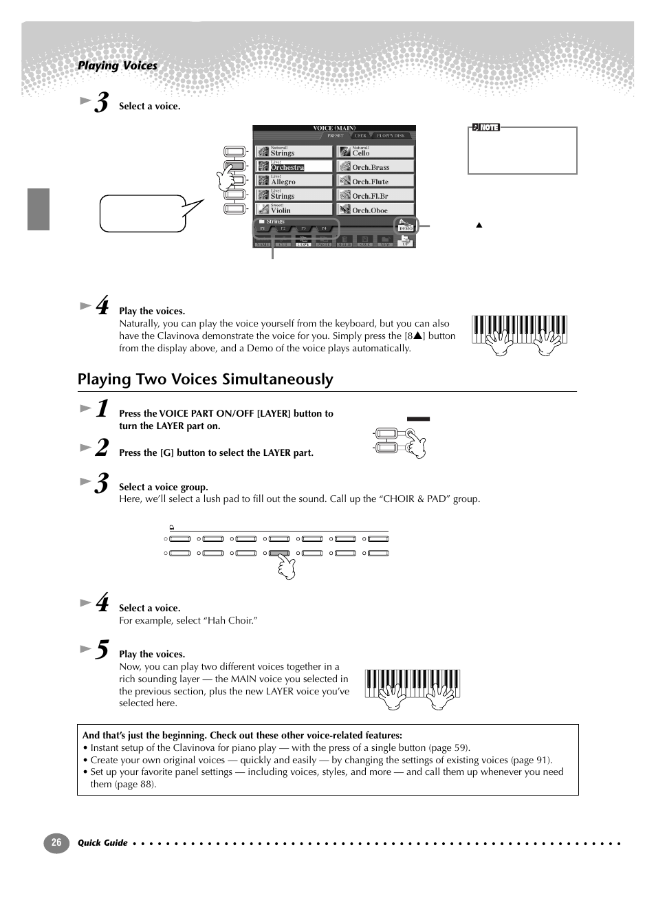Playing two voices simultaneously, Playing voices | Yamaha CVP-208  EN User Manual | Page 26 / 180