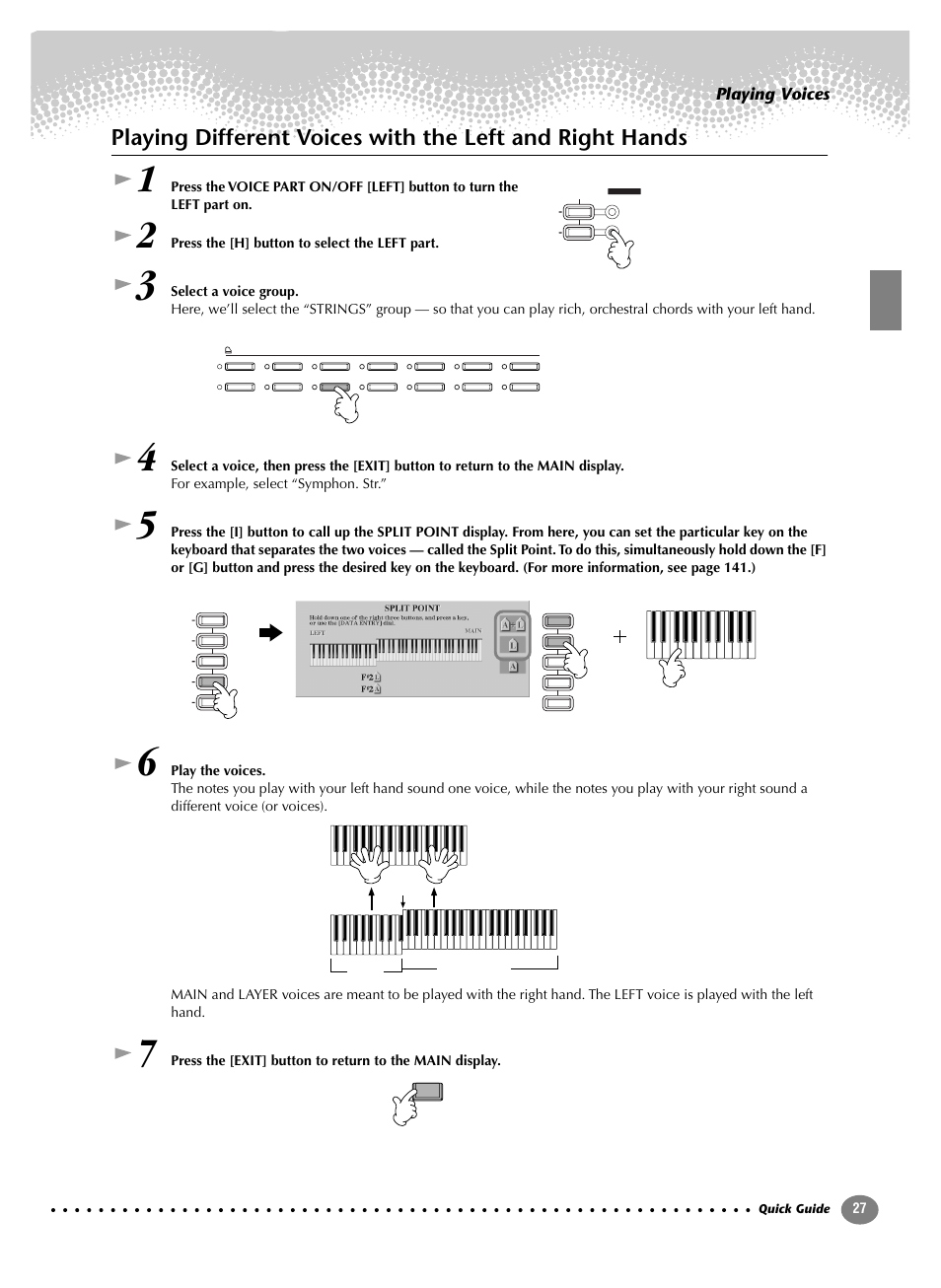 Playing different voices with the left, And right hands, Playing voices | Yamaha CVP-208  EN User Manual | Page 27 / 180