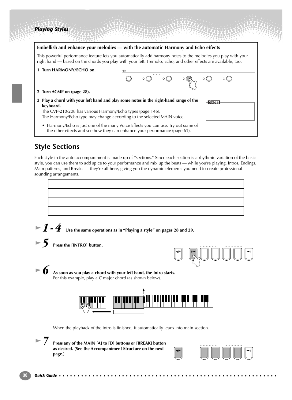Style sections, Playing styles | Yamaha CVP-208  EN User Manual | Page 30 / 180