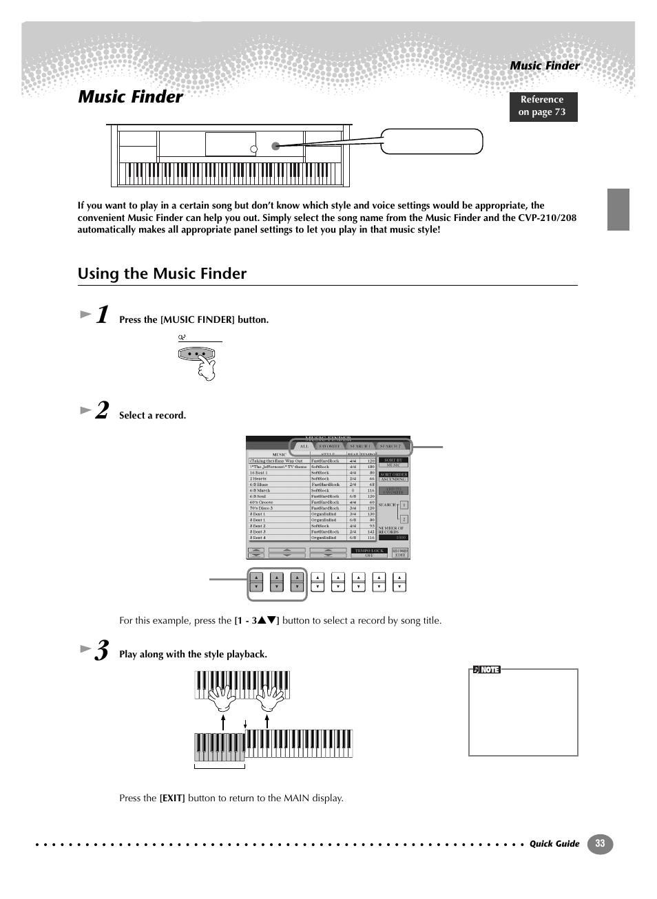 Music finder, Using the music finder | Yamaha CVP-208  EN User Manual | Page 33 / 180