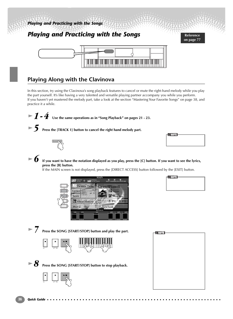 Playing and practicing with the songs, Playing along with the clavinova | Yamaha CVP-208  EN User Manual | Page 36 / 180