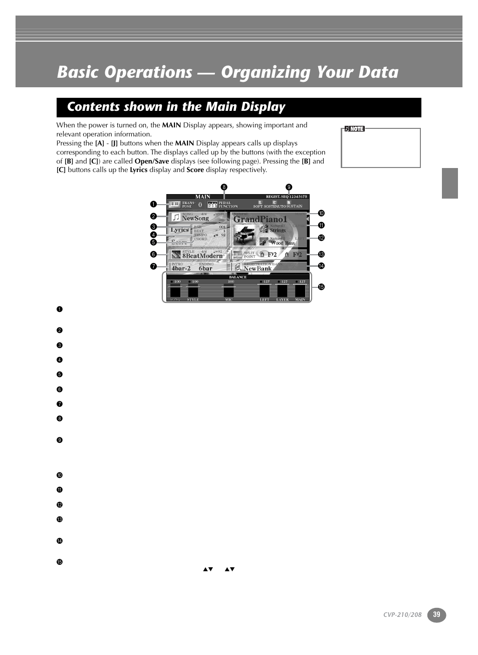 Basic operations — organizing your data, Contents shown in the main display, P. 39 | Yamaha CVP-208  EN User Manual | Page 39 / 180