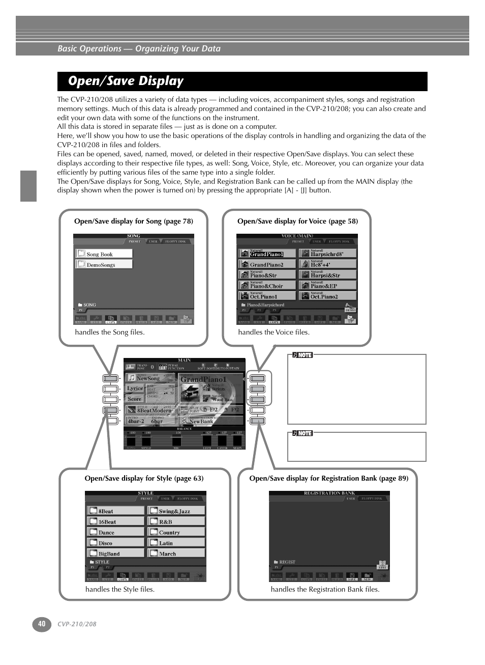 Open/save display, Basic operations — organizing your data | Yamaha CVP-208  EN User Manual | Page 40 / 180