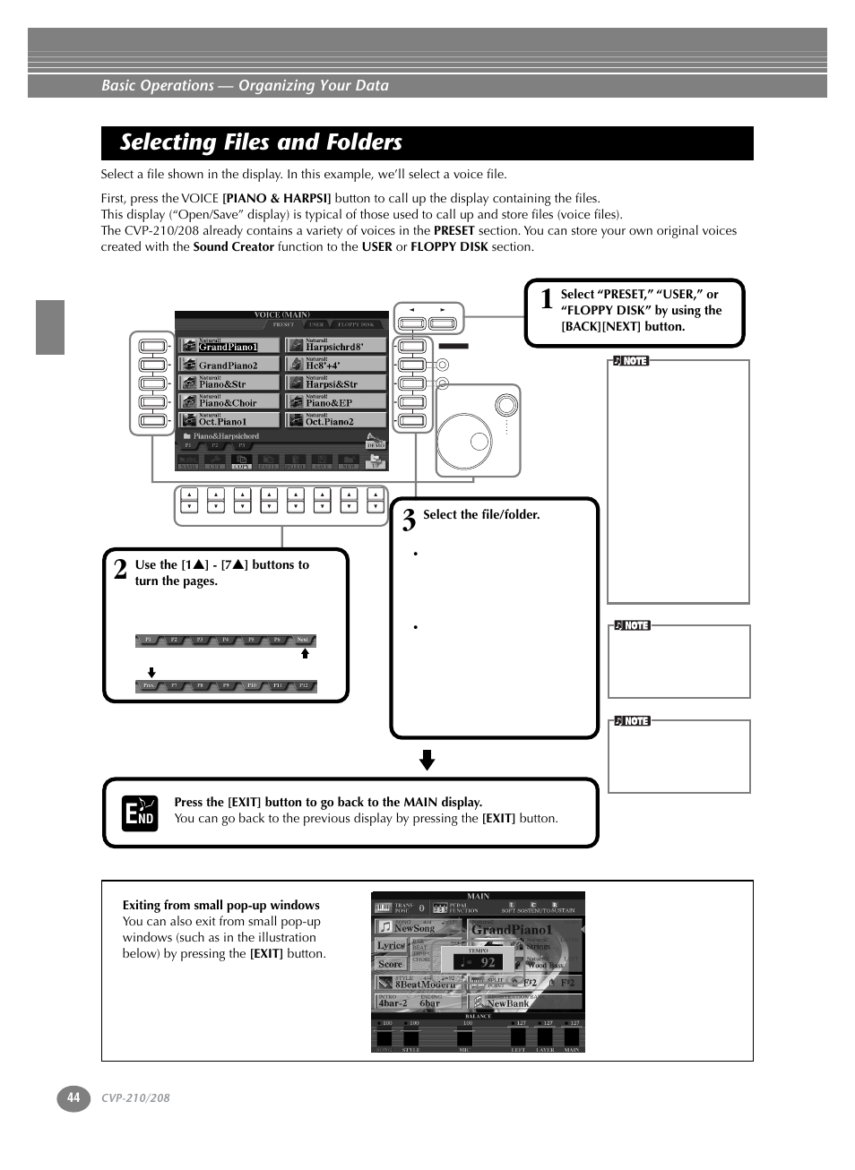 Selecting files and folders, P. 44, Basic operations — organizing your data | Yamaha CVP-208  EN User Manual | Page 44 / 180