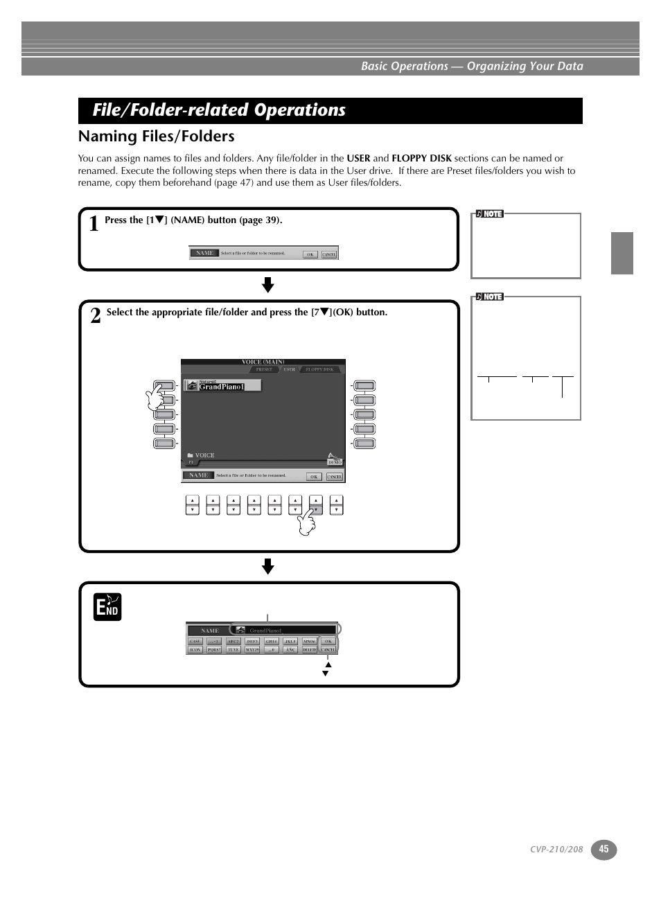 File/folder-related operations, Naming files/folders, Basic operations — organizing your data | Abcde.s002.mid | Yamaha CVP-208  EN User Manual | Page 45 / 180