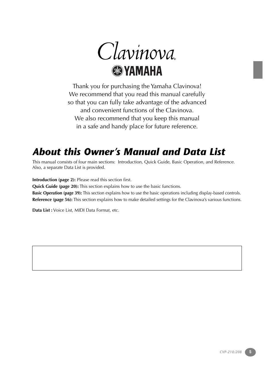 About this owner’s manual and data list | Yamaha CVP-208  EN User Manual | Page 5 / 180
