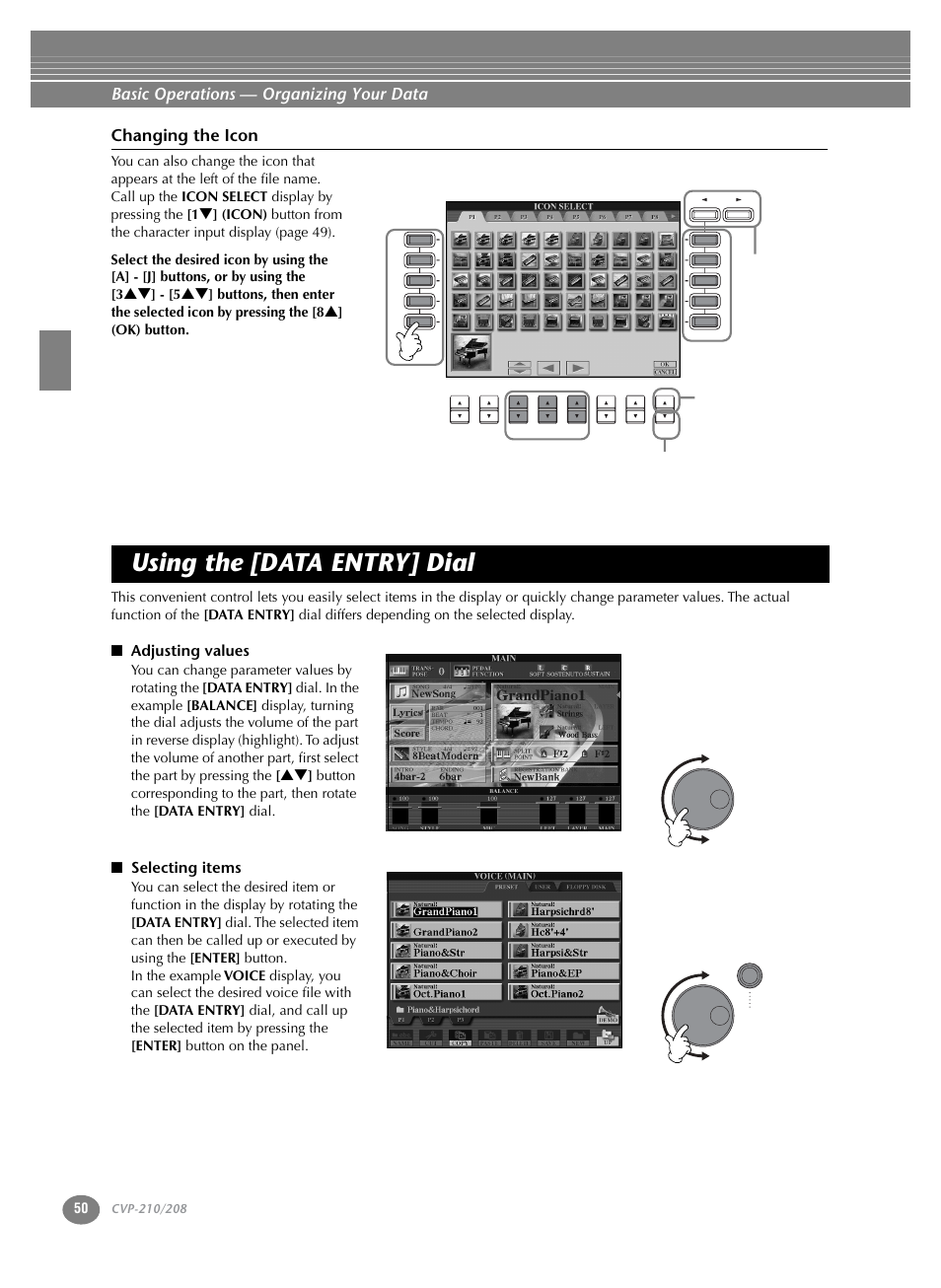 Using the [data entry] dial, P. 50, Basic operations — organizing your data | Changing the icon, Adjusting values, Selecting items | Yamaha CVP-208  EN User Manual | Page 50 / 180