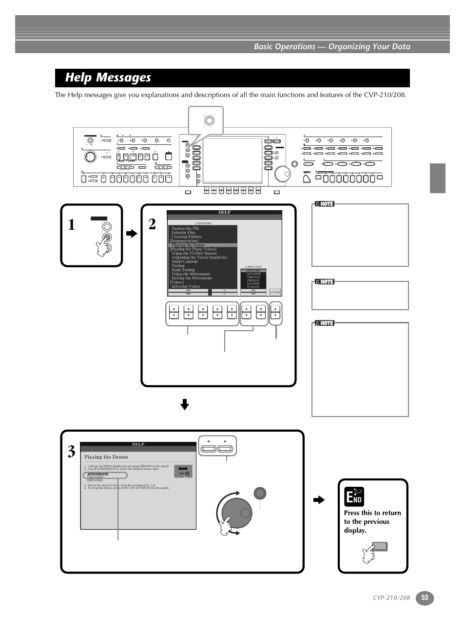 Help messages, P. 53, Basic operations — organizing your data | Press this to return to the previous display, 1 select the desired help topic | Yamaha CVP-208  EN User Manual | Page 53 / 180