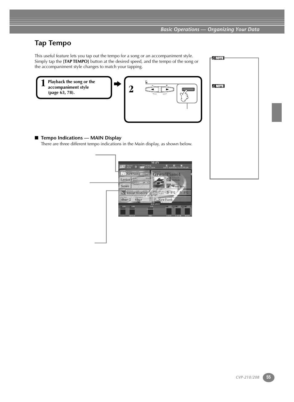Tap tempo, P. 55 | Yamaha CVP-208  EN User Manual | Page 55 / 180