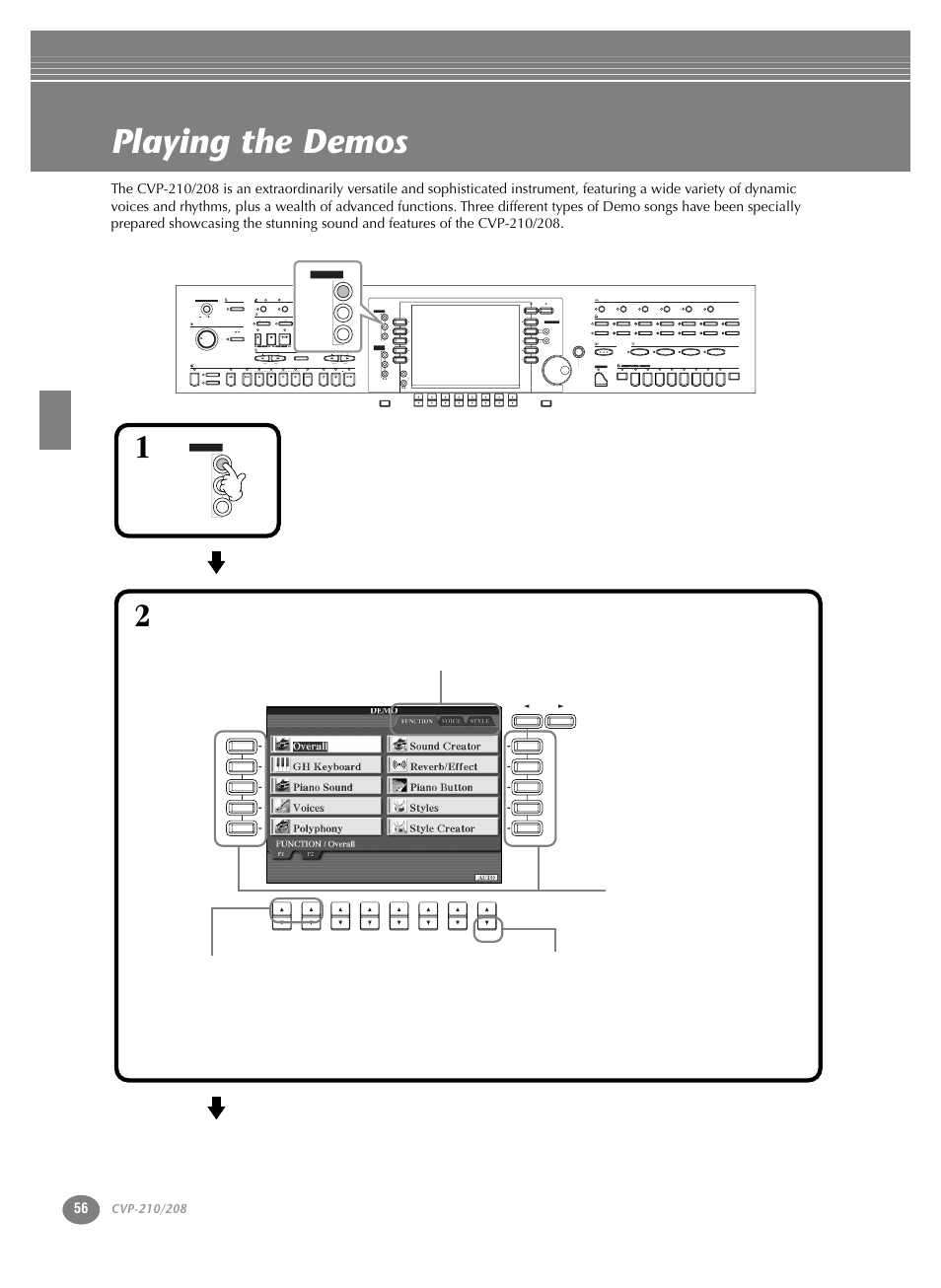 Reference, Playing the demos, P. 56 | Reference playing the demos, Min max, Part, Style l r, Reset | Yamaha CVP-208  EN User Manual | Page 56 / 180