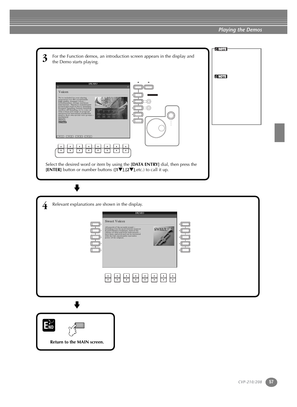 Playing the demos, Relevant explanations are shown in the display, Nd return to the main screen | Etc.) to call it up | Yamaha CVP-208  EN User Manual | Page 57 / 180