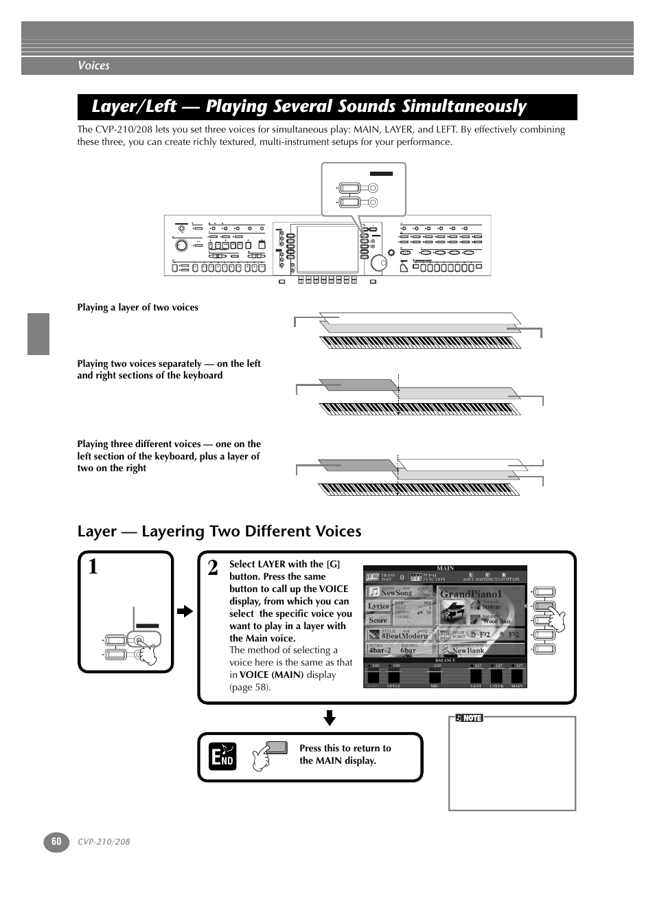 Layer/left — playing several sounds simultaneously, Layer — layering two different voices, Layer/left — playing several sounds | Simultaneously, P. 60, Voices | Yamaha CVP-208  EN User Manual | Page 60 / 180