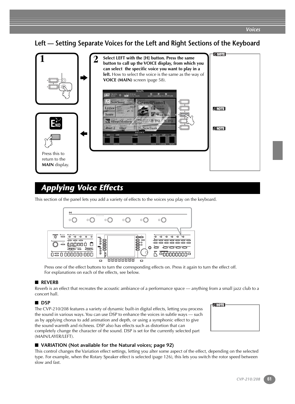 Applying voice effects, Sections of the keyboard, P. 61 | Voices | Yamaha CVP-208  EN User Manual | Page 61 / 180