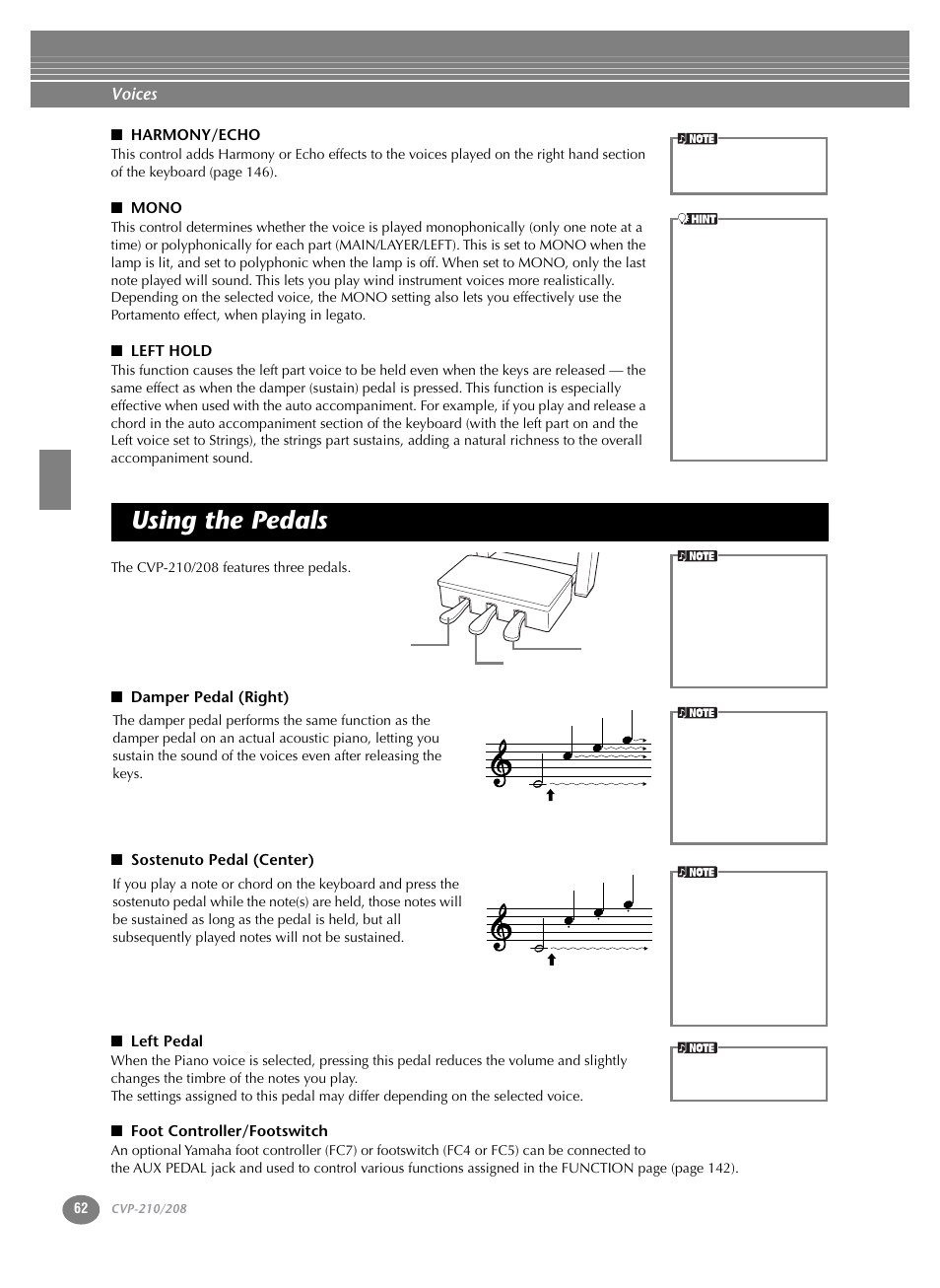 Using the pedals, P. 62, Voices | Yamaha CVP-208  EN User Manual | Page 62 / 180