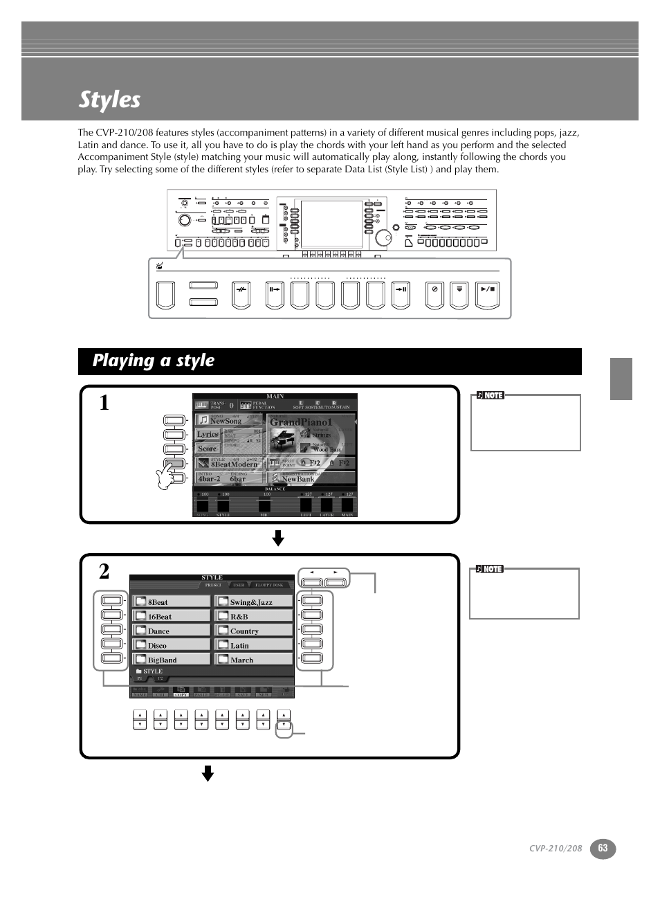 Styles, Playing a style | Yamaha CVP-208  EN User Manual | Page 63 / 180