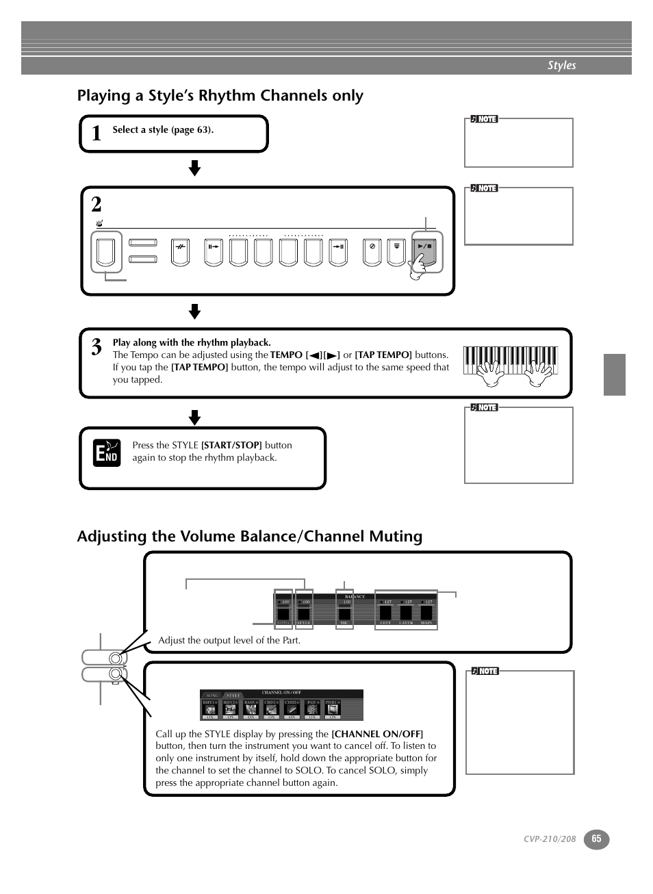 Playing a style’s rhythm channels only, Adjusting the volume balance/channel muting, P. 65 | Styles | Yamaha CVP-208  EN User Manual | Page 65 / 180