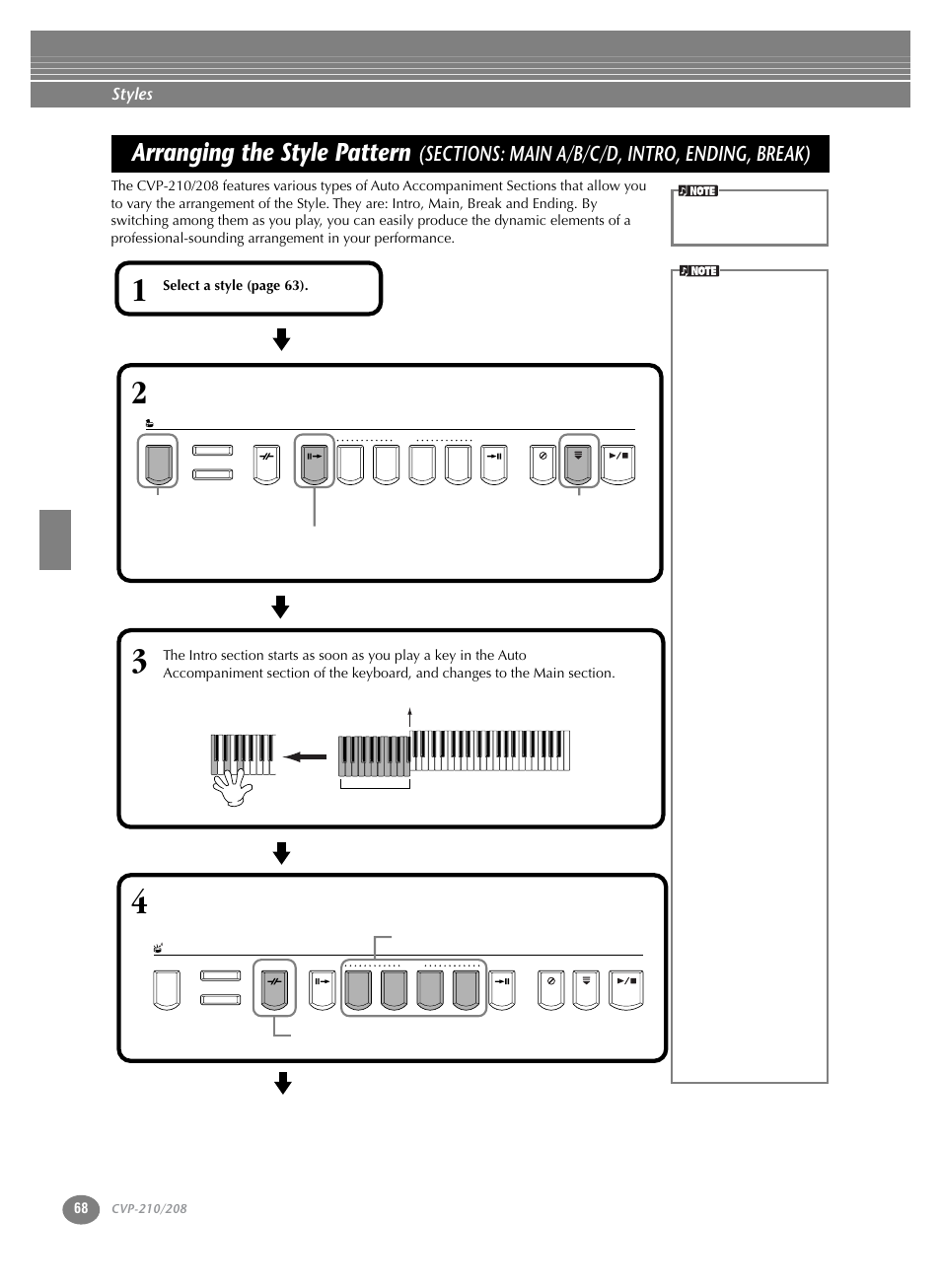 Arranging the style pattern (sections, Main a/b/c/d, intro, ending, break), P. 68 | Arranging the style pattern, Styles | Yamaha CVP-208  EN User Manual | Page 68 / 180