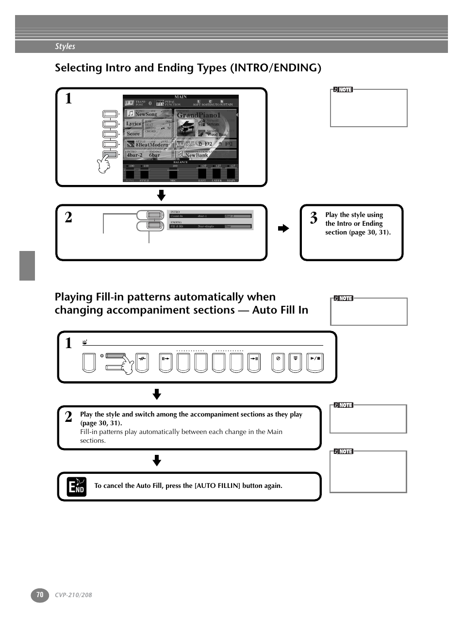 Selecting intro and ending types (intro/ending), Selecting intro and ending types, Intro/ending) | Accompaniment sections — auto fill in, P. 70, Styles | Yamaha CVP-208  EN User Manual | Page 70 / 180