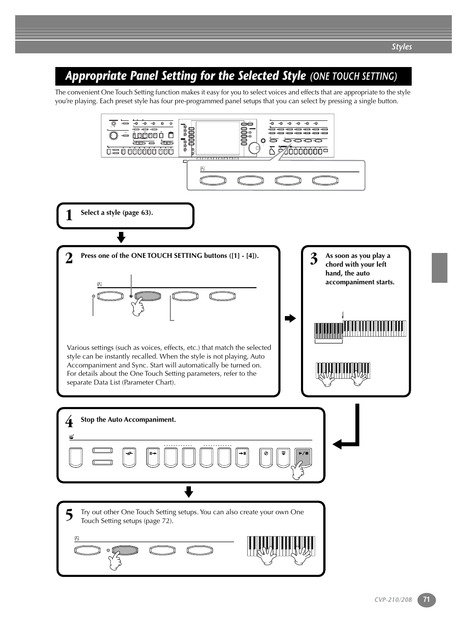 Appropriate panel setting for the selected style, One touch setting), P. 71 | Styles | Yamaha CVP-208  EN User Manual | Page 71 / 180