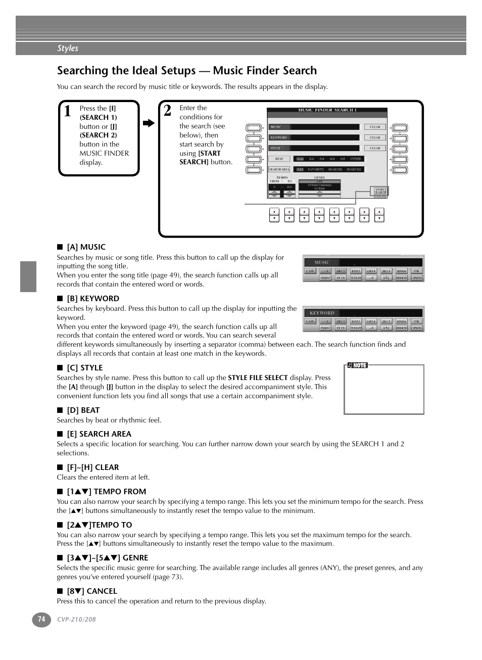 Searching the ideal setups — music finder search, Styles | Yamaha CVP-208  EN User Manual | Page 74 / 180