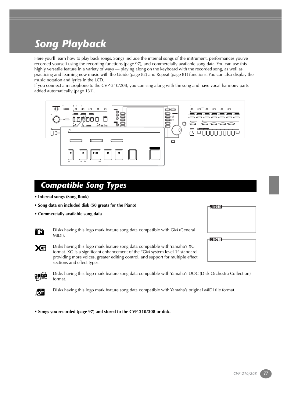 Song playback, Compatible song types | Yamaha CVP-208  EN User Manual | Page 77 / 180