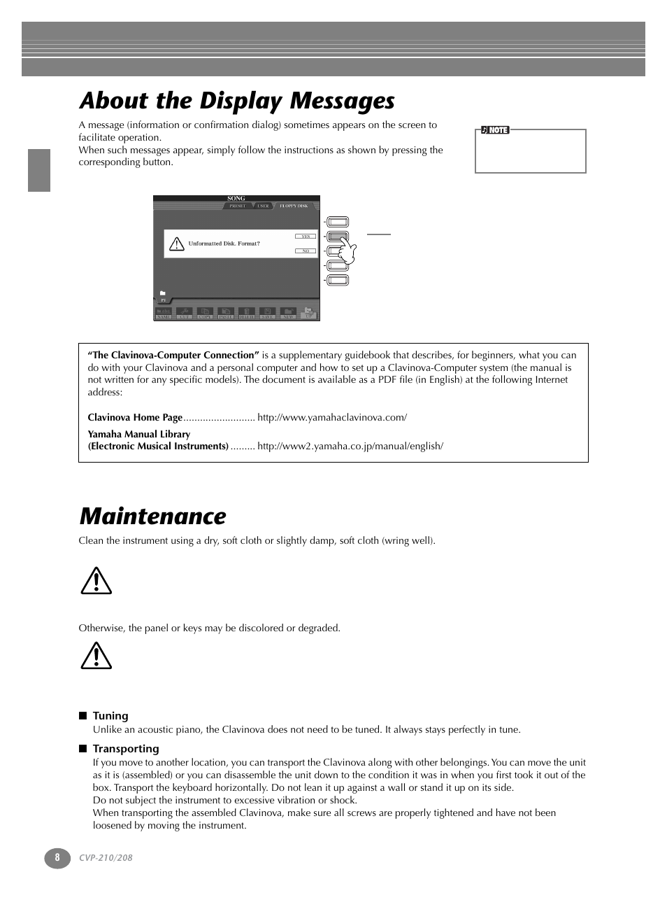 About the display messages, Maintenance | Yamaha CVP-208  EN User Manual | Page 8 / 180