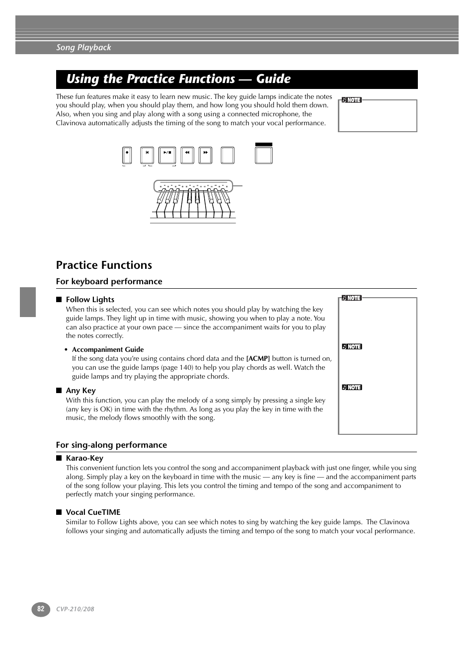 Using the practice functions — guide, Practice functions, P. 82 | Song playback, For keyboard performance, For sing-along performance | Yamaha CVP-208  EN User Manual | Page 82 / 180