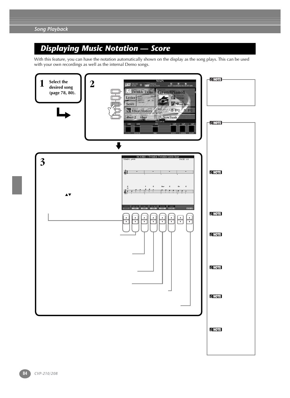Displaying music notation — score, Song playback | Yamaha CVP-208  EN User Manual | Page 84 / 180