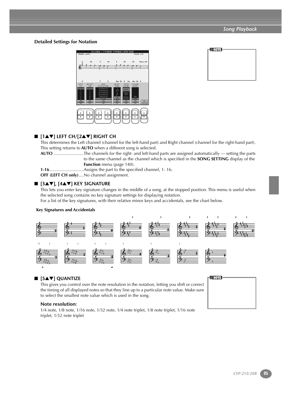 Song playback, 3 ▲▼ ], [4 ▲▼ ] key signature, 5 ▲▼ ] quantize | Key signatures and accidentals | Yamaha CVP-208  EN User Manual | Page 85 / 180
