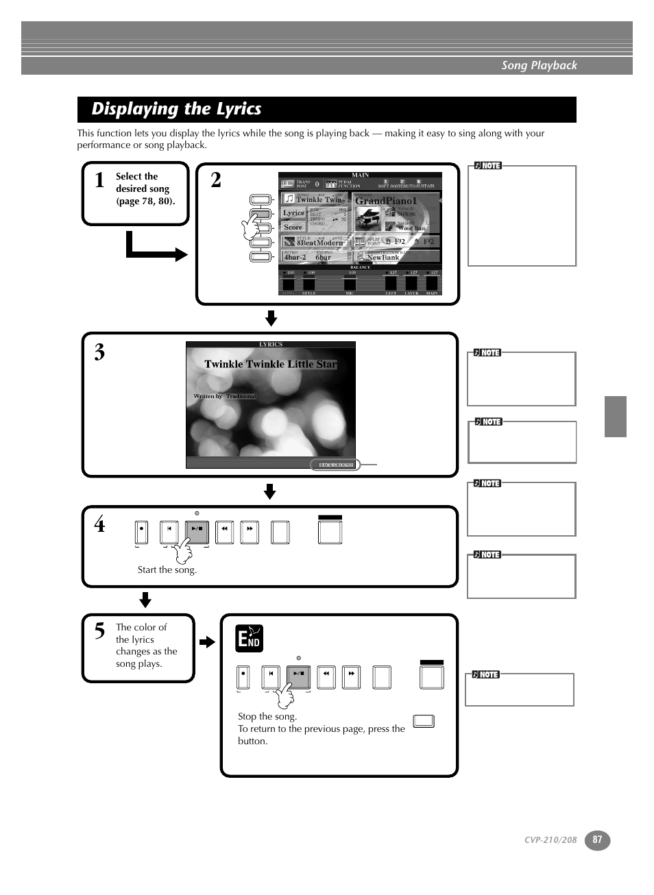 Displaying the lyrics, Song playback | Yamaha CVP-208  EN User Manual | Page 87 / 180