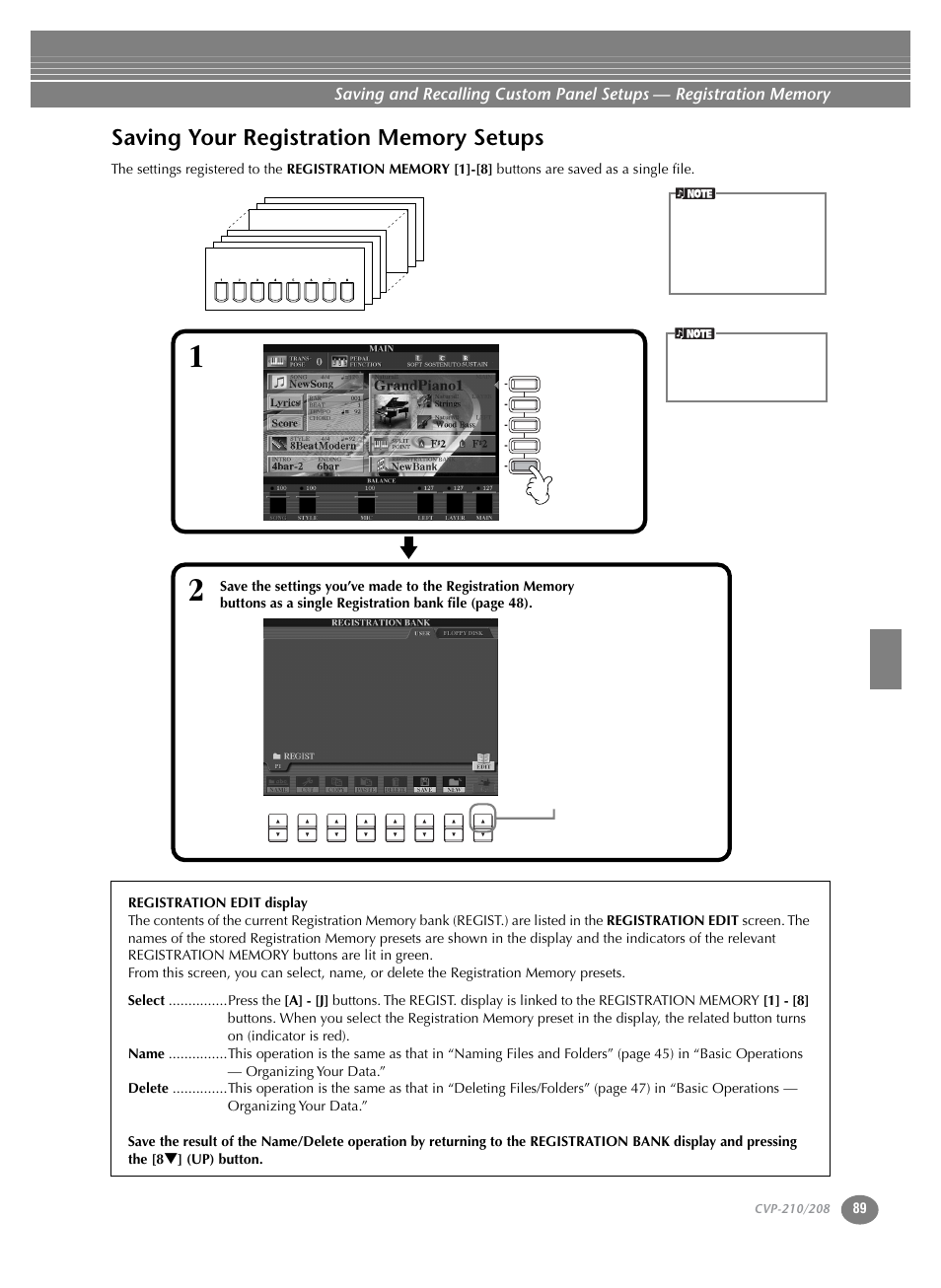 Saving your registration memory setups | Yamaha CVP-208  EN User Manual | Page 89 / 180