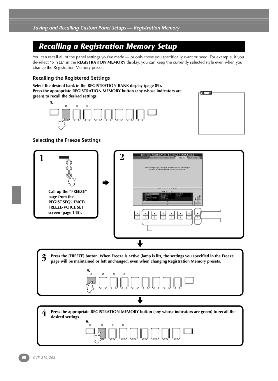 Recalling a registration memory setup, P. 90, Recalling the registered settings | Selecting the freeze settings | Yamaha CVP-208  EN User Manual | Page 90 / 180