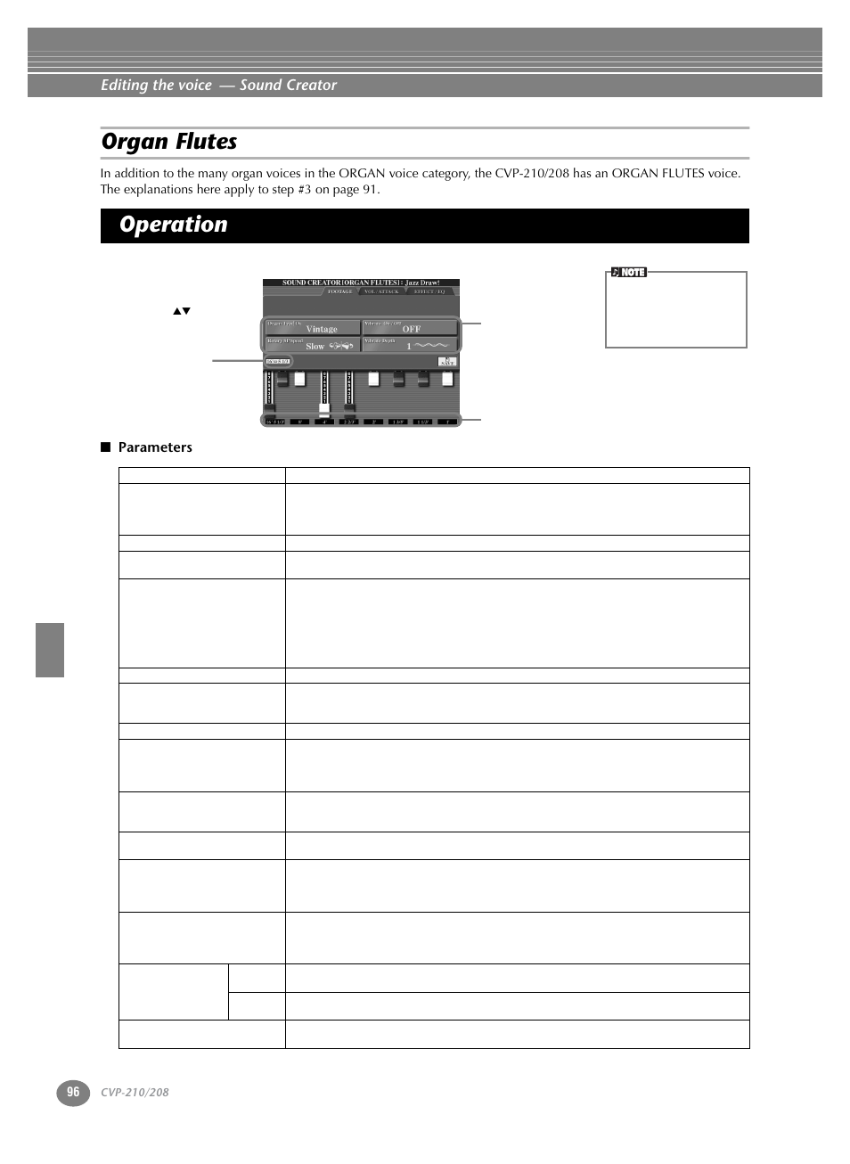Organ flutes, Operation, Organ flutes operation | Editing the voice — sound creator | Yamaha CVP-208  EN User Manual | Page 96 / 180