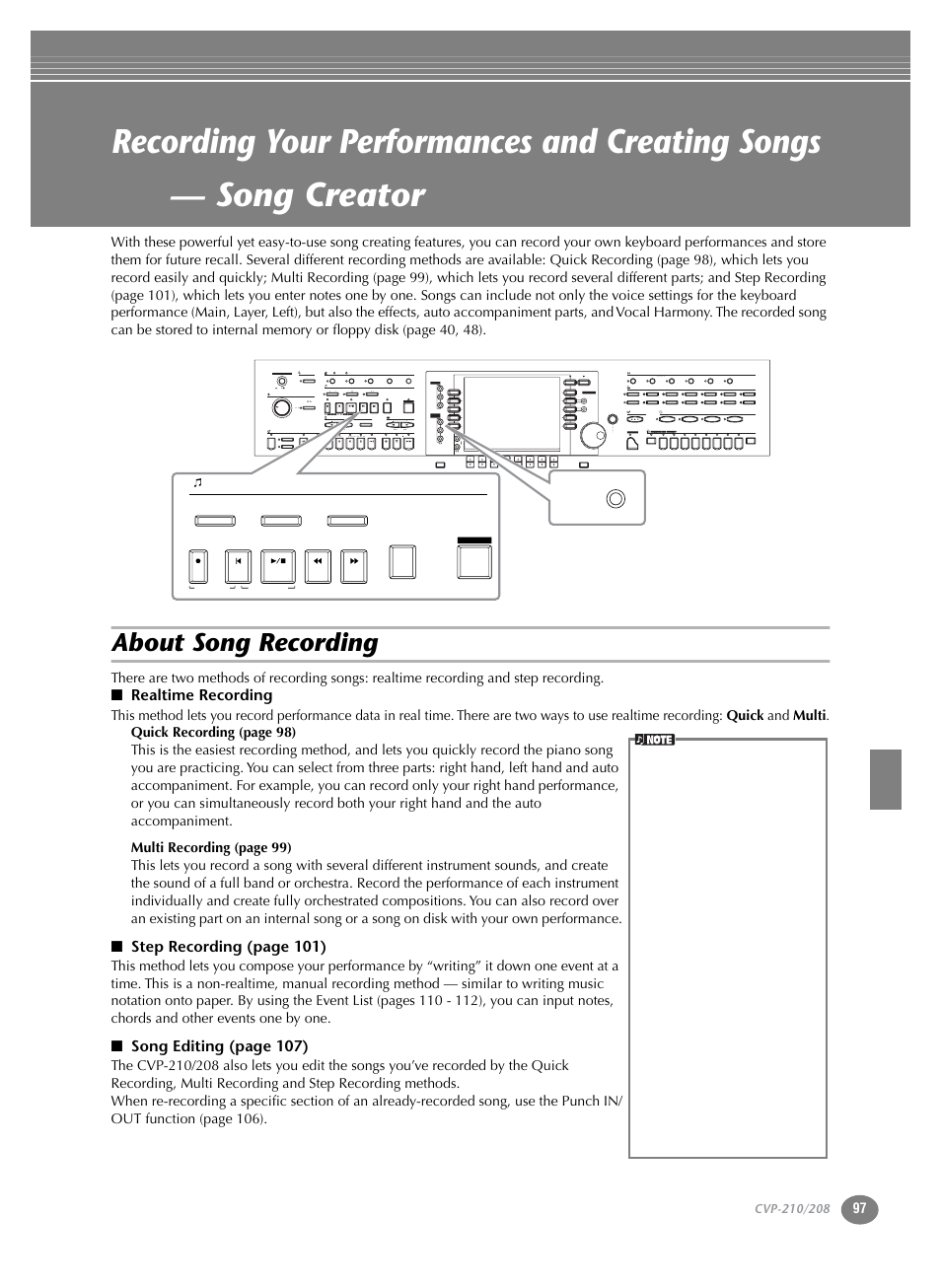 About song recording, P. 97, Realtime recording | Step recording (page 101), Song editing (page 107), Acmp auto fill in ots link break intro main, On min max off ending rit. tap tempo, Exit, Back next, Harmony echo left hold mono | Yamaha CVP-208  EN User Manual | Page 97 / 180