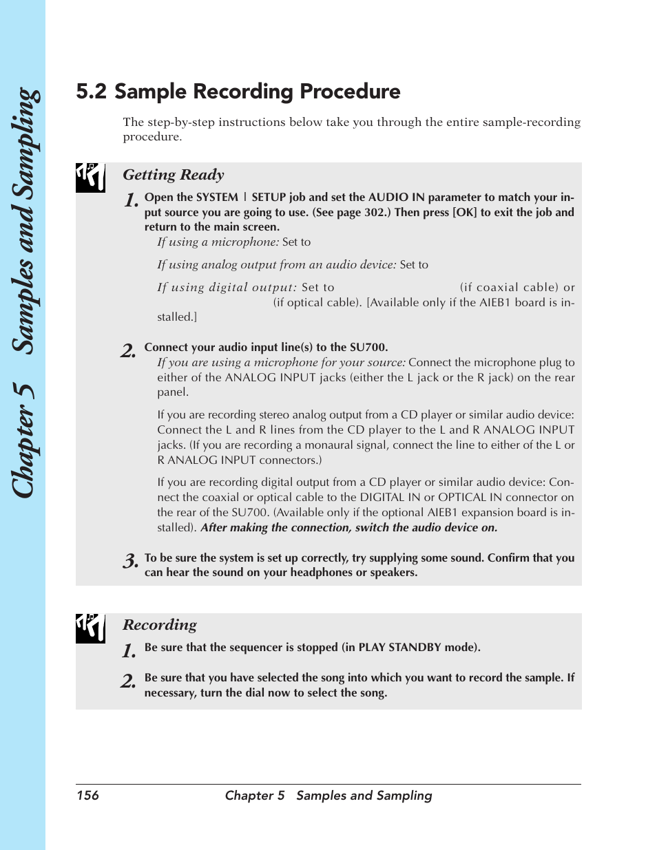 2 sample recording procedure, Sample recording procedure, Chapter 5 samples and sampling | Yamaha SU700 User Manual | Page 156 / 354