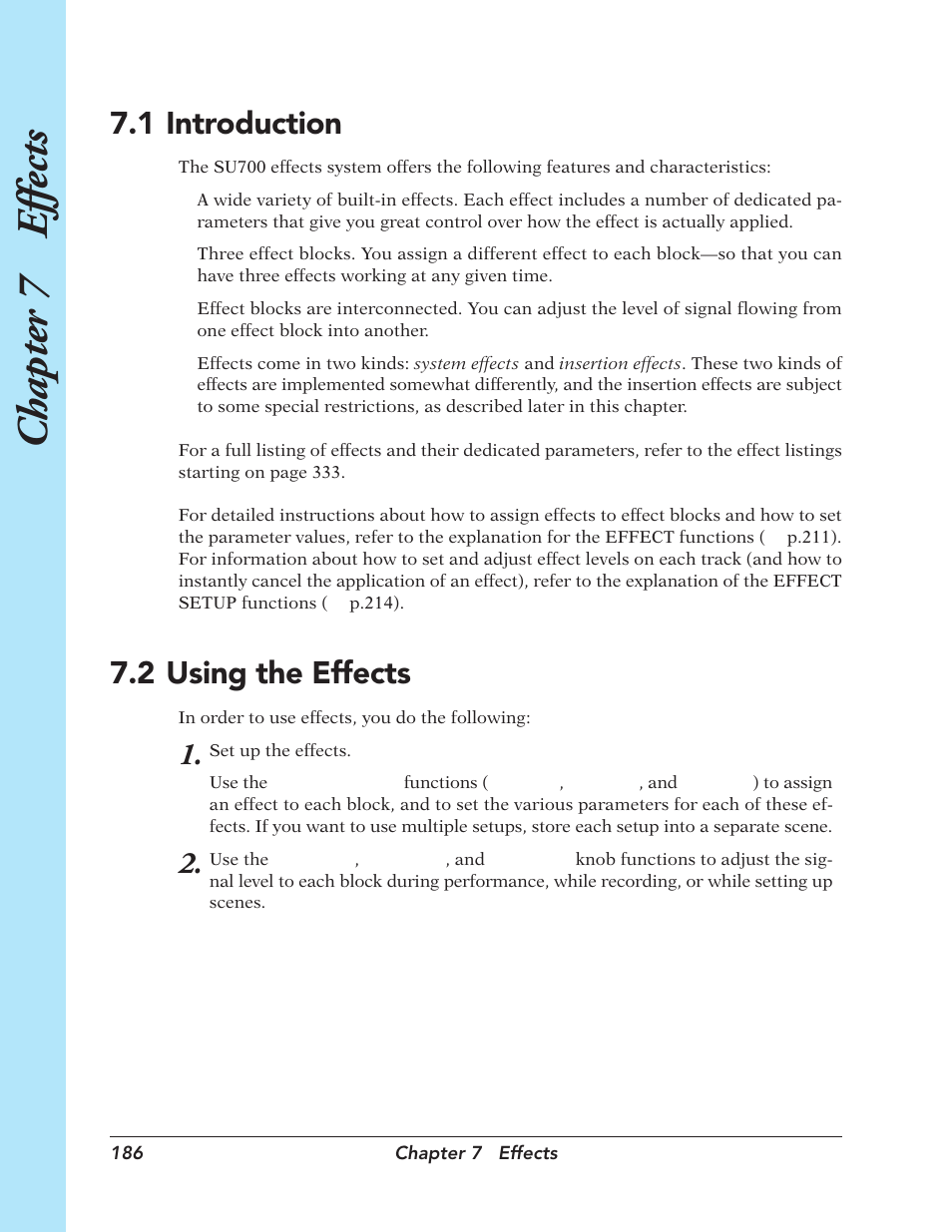 1 introduction, 2 using the effects, Introduction | Using the effects, Chapter 7 e ffects | Yamaha SU700 User Manual | Page 186 / 354