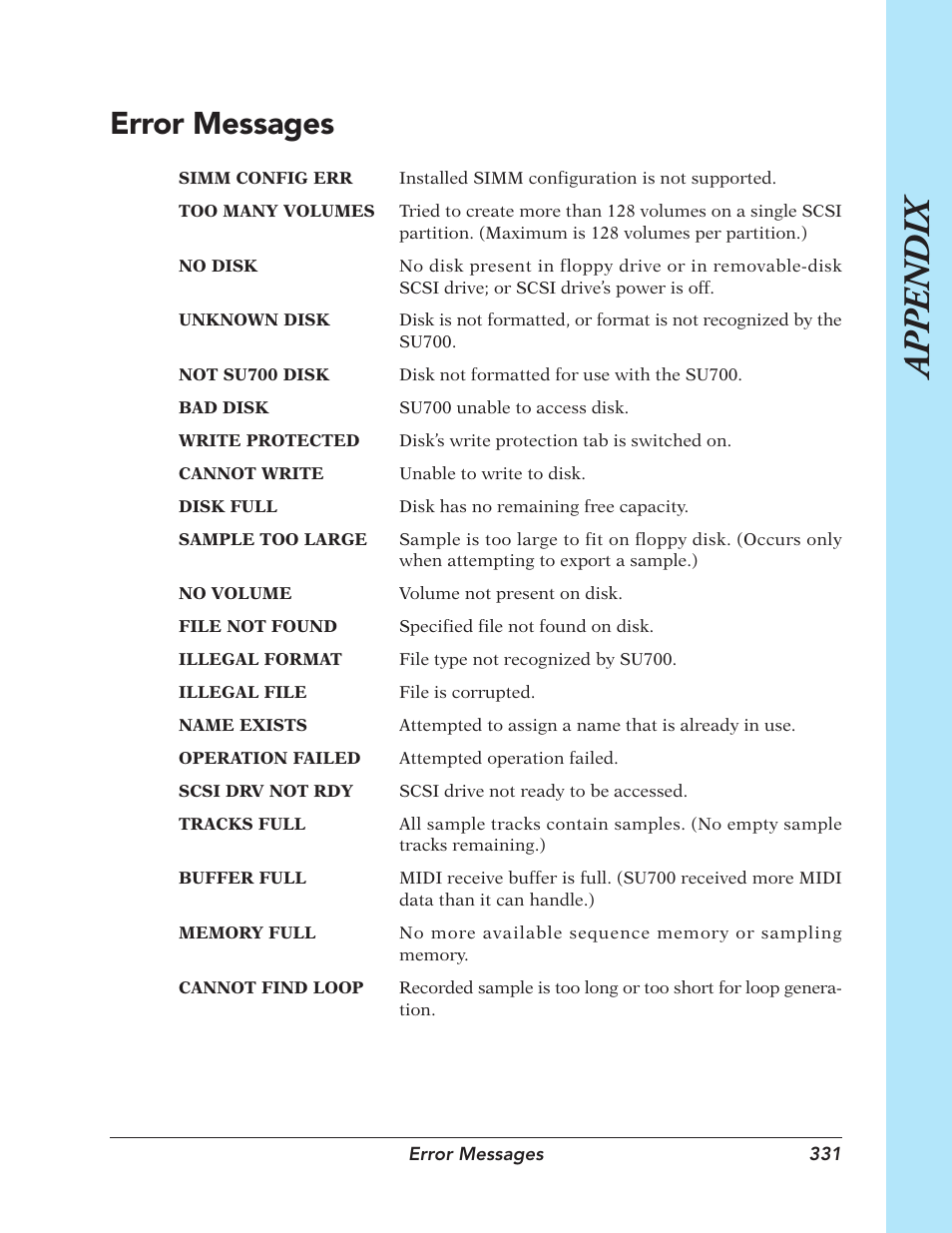 Error messages, App endix | Yamaha SU700 User Manual | Page 331 / 354