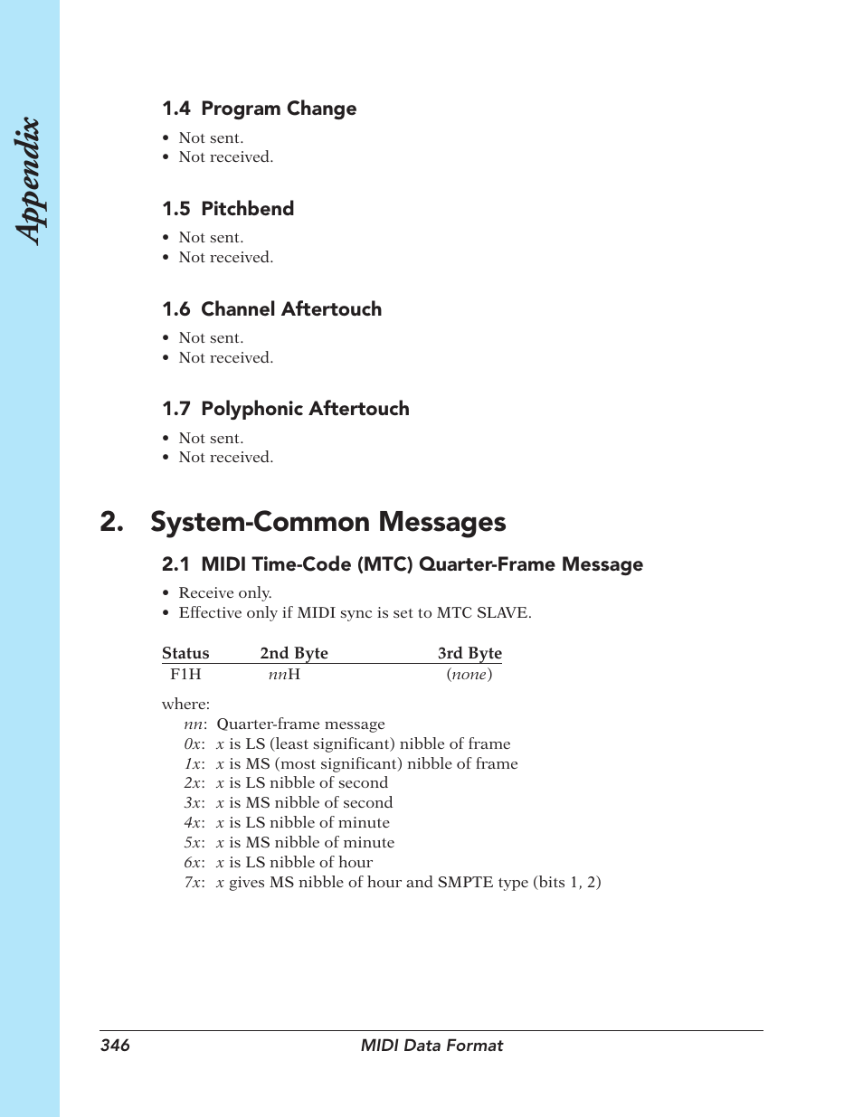 Appendix, System-common messages | Yamaha SU700 User Manual | Page 346 / 354