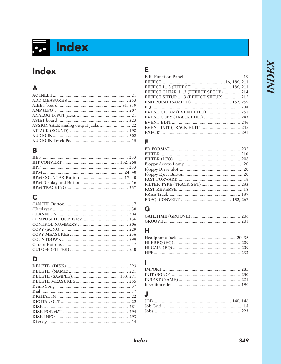 Index, A to j | Yamaha SU700 User Manual | Page 349 / 354